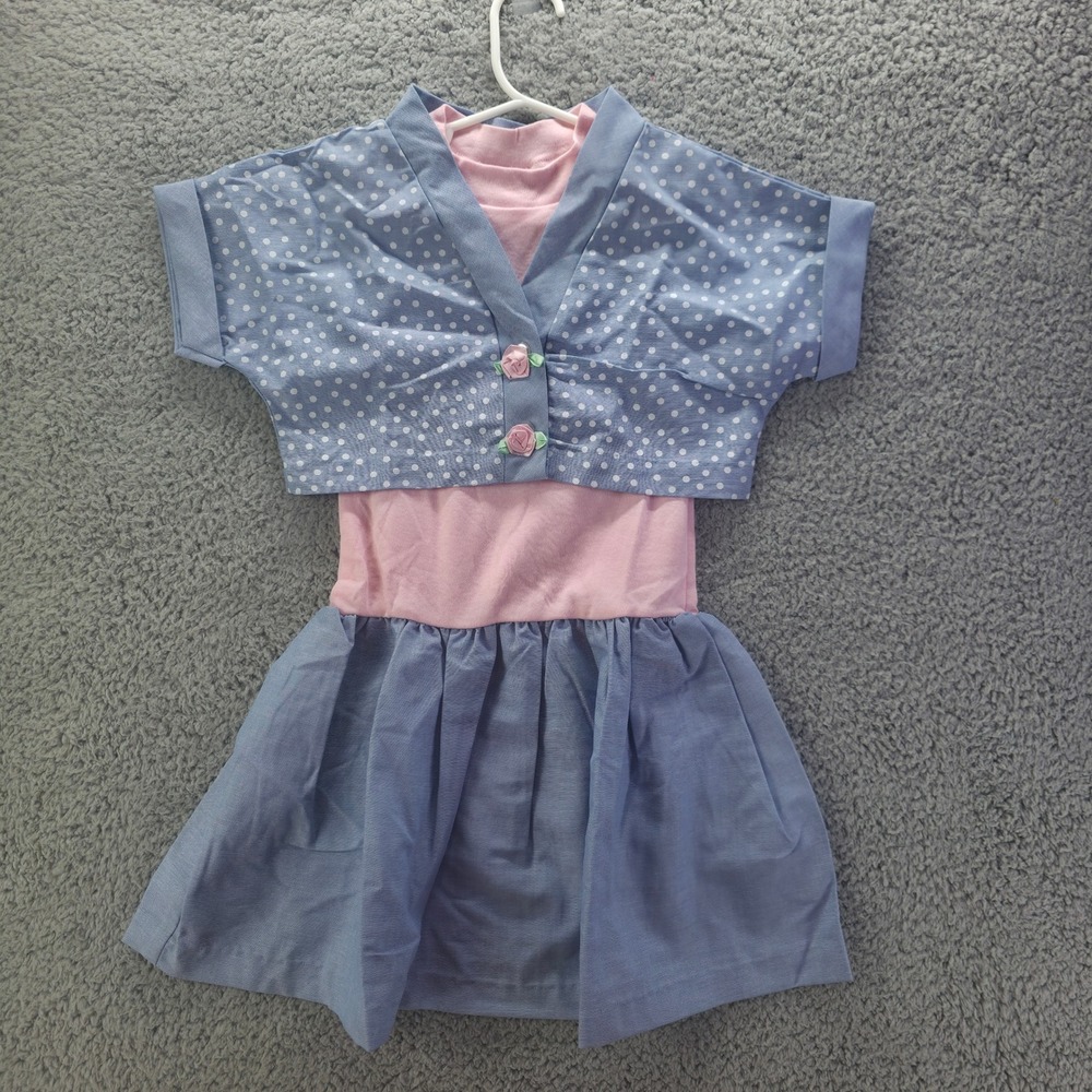 Main Chic USA Girls Blue Polka Dot Dress and Bolero Jacket Set Pink Size 6X 90s